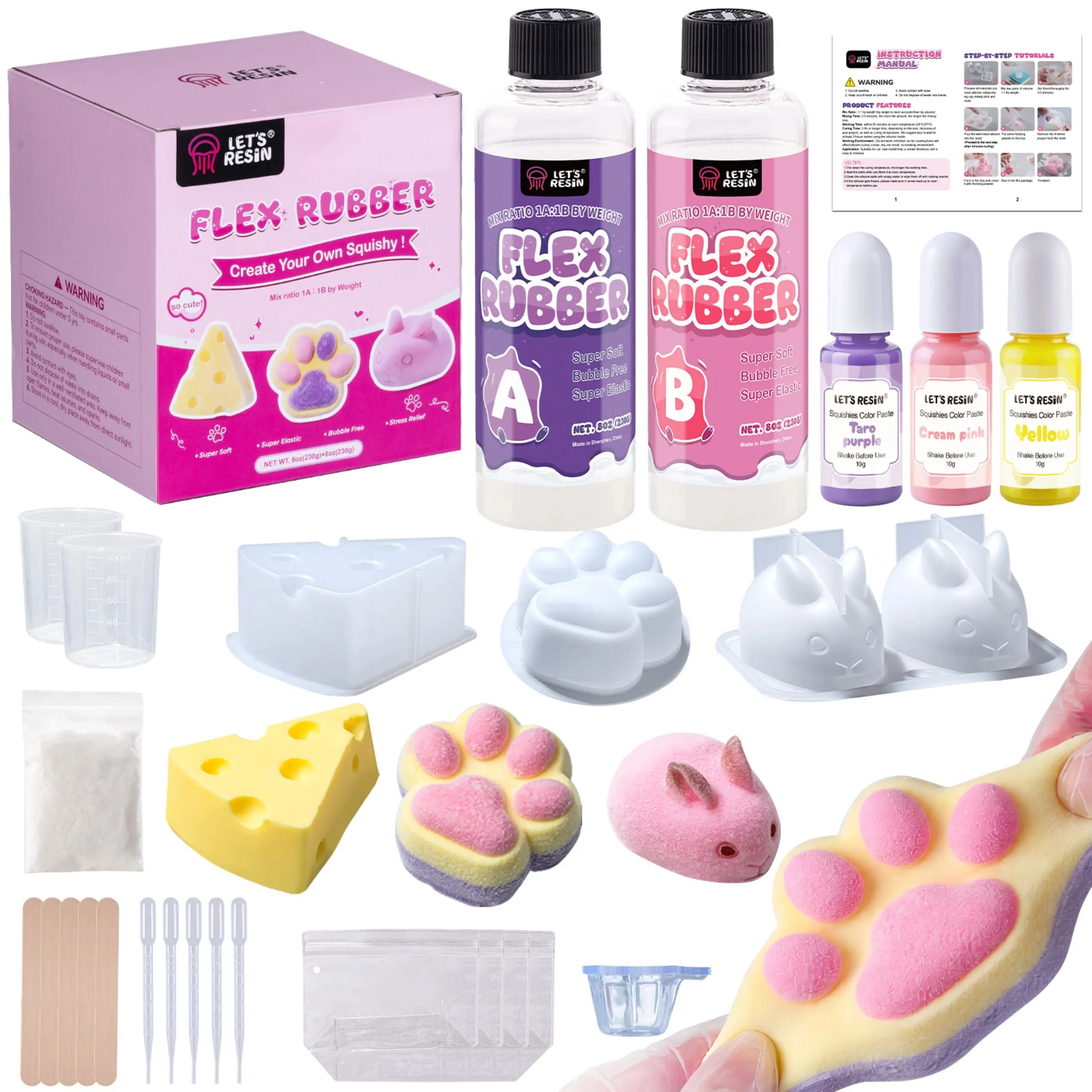 LET'S RESIN All-in-One Beginner Kit for Taba Squishy Maker, 16oz Flex Rubber with Larger Cat Paw & Cheese Silicone Molds, Color Paste, Sensory Toys, Summer DIY, STEM Crafts, Family-Friendly Imaginative Play, Birthday Gifts & Party Favors