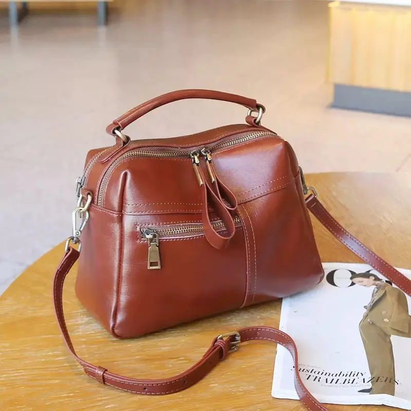 Women Soft Oil Wax Leather Handbag Multi Pocket Daily Shoulder Bag Detachable Strap Crossbody Bag For Work Travel