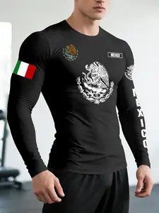 Mexican Coat of Arms Culture Printed Graphics Fitness Compression Shirt for Men, Compression Workout Shirts, Workout Sportswear, High Elasticity Long Sleeve Athletic Style Activewear, Perfect for Running and Training