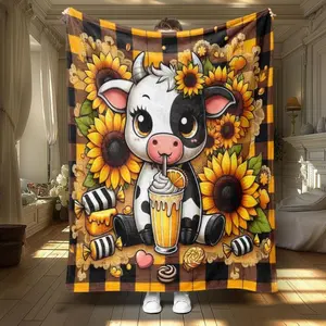 Cute Cow Sunflower Pattern Blanket, 1 Count Soft Throw Blanket, Air-conditioned Room Blanket, Warm Nap Blanket For Home Office Travel Camping, Man Woman Gift