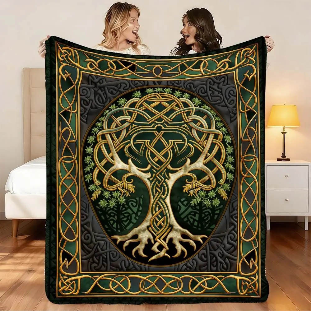 1 Pc Ancient Celtic Tree of Life Pattern Blanket - Cozy and Stylish for Bedroom, Sofa Chilling, or Camping Adventures, Perfect Nap Companion for Relaxation and Comfort in Rich Green and Gold Tones