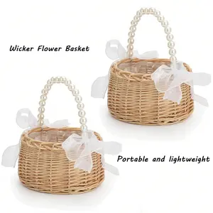 Handmade Woven Basket Wedding Flower Girl Basket, Pearl Handle & Bow Design, Fairy Tale Style Elegant Floral Storage Container