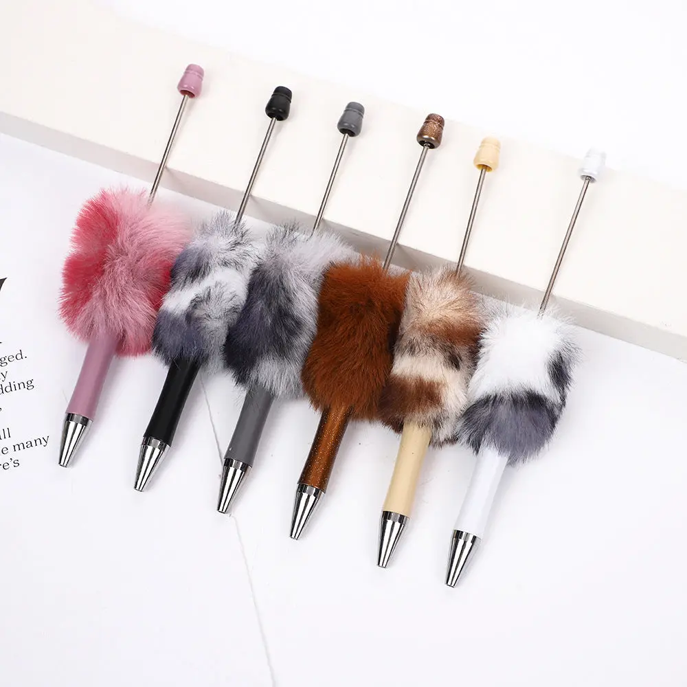 Leopard print plush ballpoint pen creative DIY beading, cute fluffy ballpoint pen, handmade hairball, high-value student