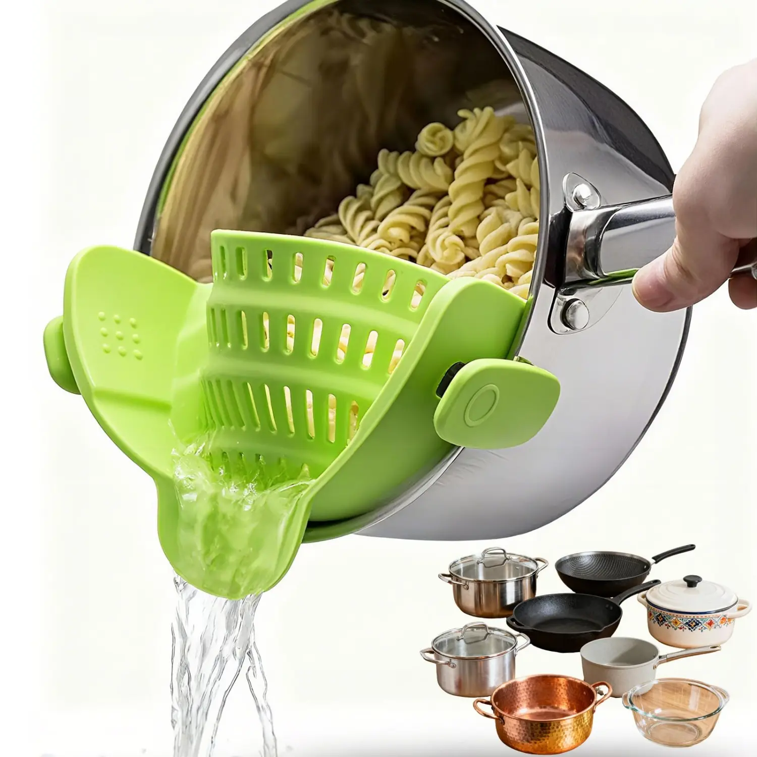 Gizmo Snap N'-Strain Clip-On Cookware Strainer - Sturdy Silicone Colander with Handles, Compact, Flexible, Collapsible, Heat-Resistant Tool for Meat, Pasta Draining, Dishwasher-Safe, Drawer-Safe Kitchen Utensil for All Seasons Use