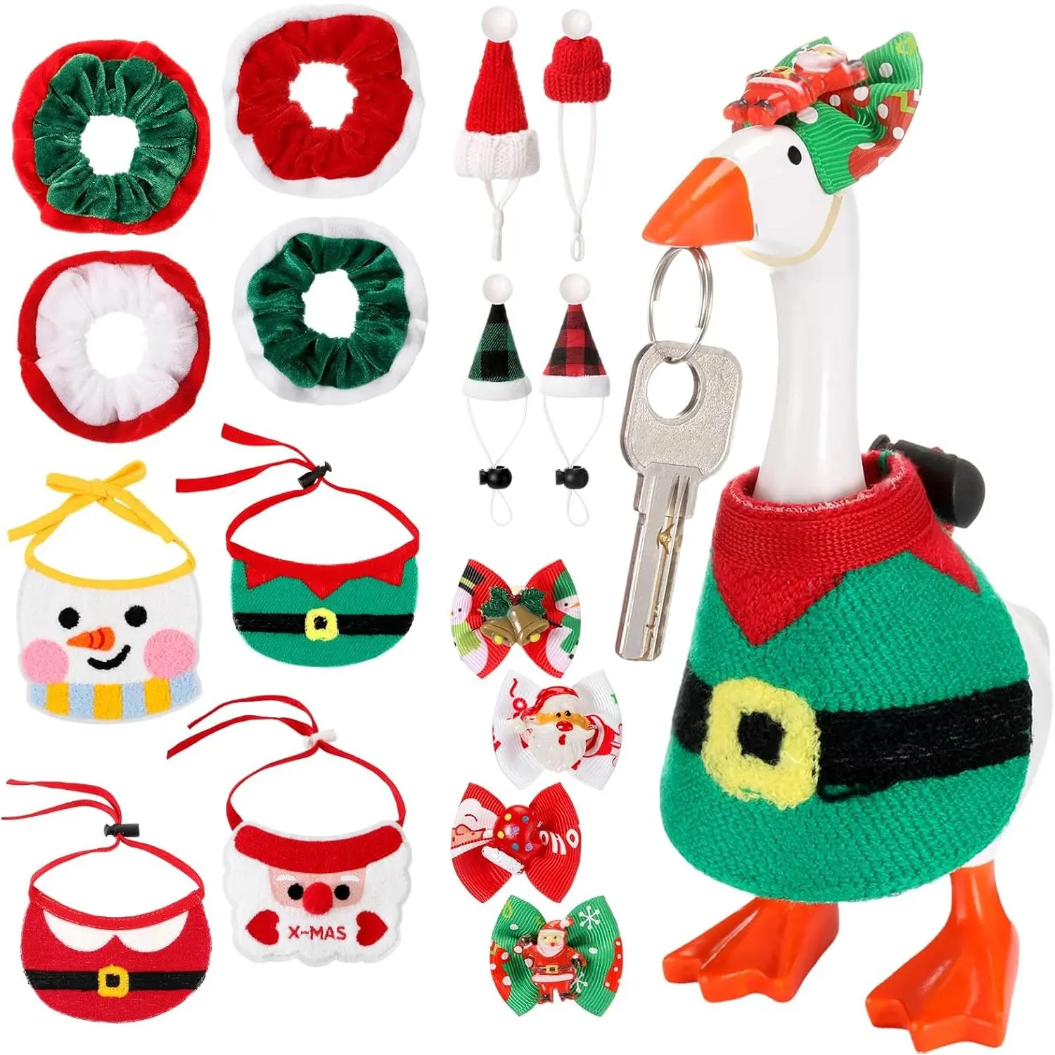 16 Pcs Christmas Mini Desk Goose Outfit Set, Xmas Santa-Elf-Snowman Costumes with Bandana, Hats, Headwear, Bow Ties & Dress Clothes for Magnetic Duck Figure Christmas Decor, Xmas Gift, Table Key Holder Props