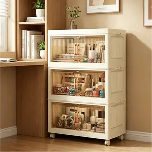 Tool Free No Assembly Foldable Storage Cabinet Front Top Dual Opening Double Door with Brake Pulleys Stackable Combined Large Capacity Sturdy Household Container Multiscene Space Saving Home Organization Furniture