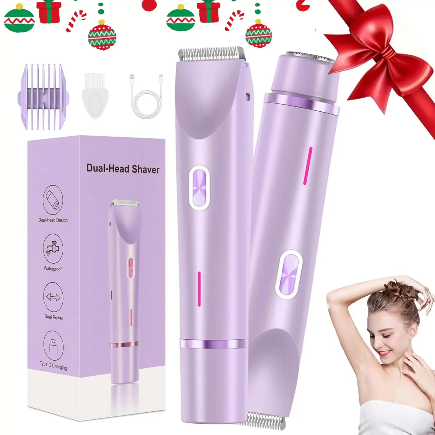 Bikini Trimmer for Women, Electric Shaver and Razor Cordless Rechargeable Trimmer Rechargeable 2-in-1 Intimate Pubic Trimmer Bodyand Facial Hair Removal Double Head forPainless Trimming of Pubic Face UnderarmLegs,IPX7 Waterproof, pink
