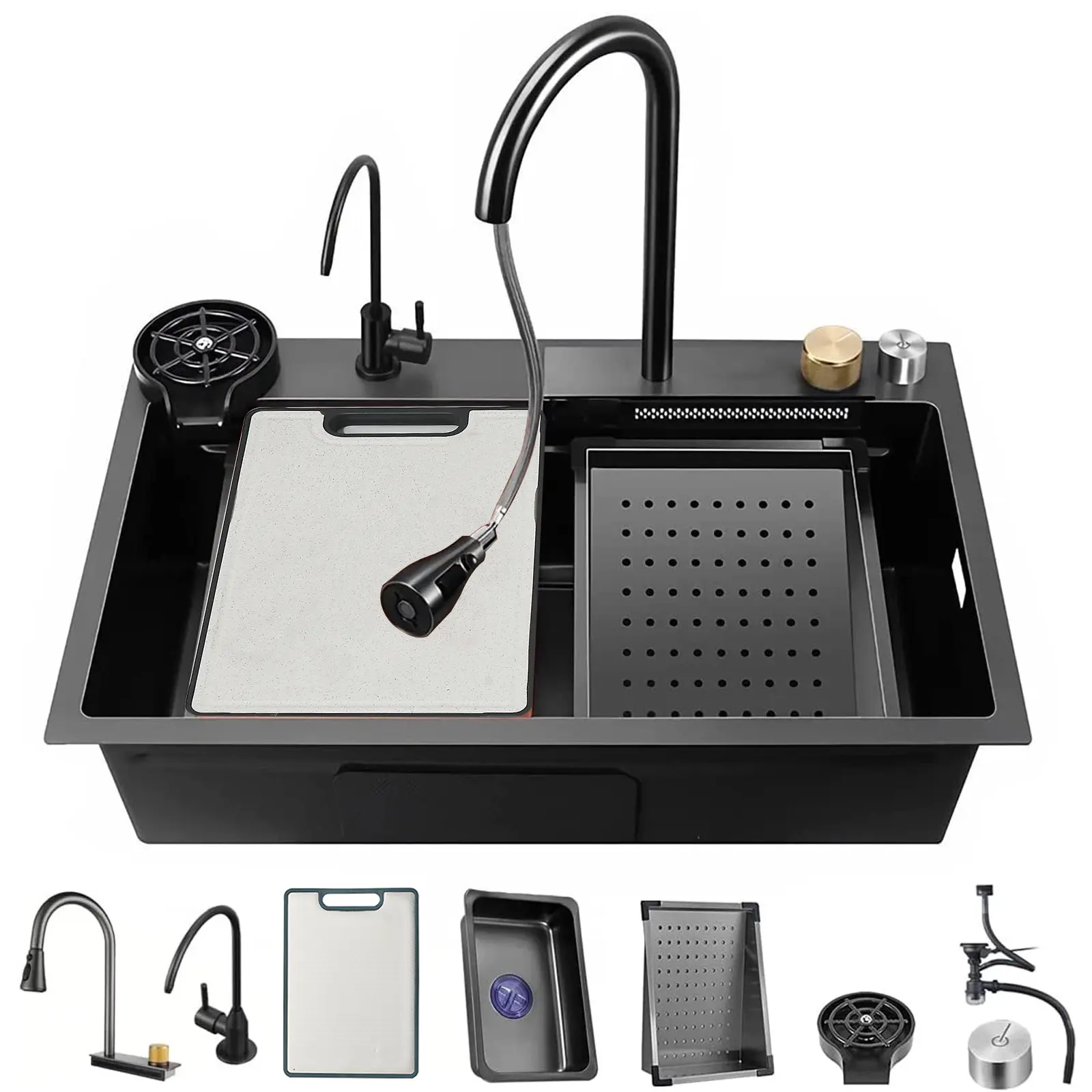 30 Inch Flying Rain Waterfall Kitchen Sink with Faucet, Drop In Workstation Sink Stainless Steel Single Bowl Smart Basin with Cup Washer, Cutting Board & All Accessories