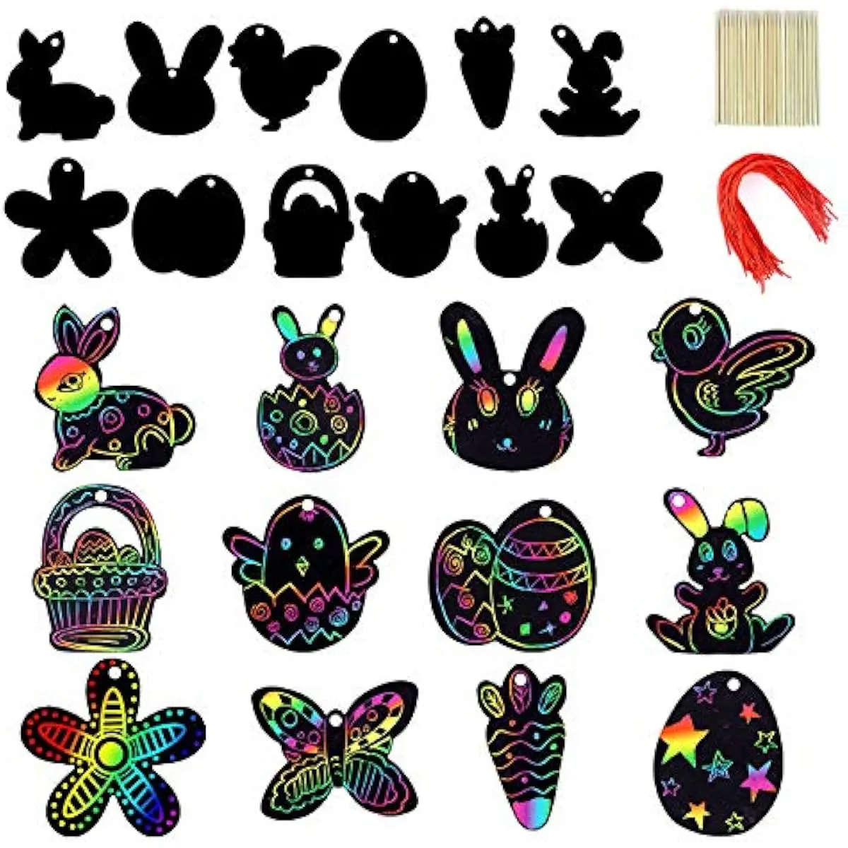 72 Pcs Easter Scratch Paper Set (12 Designs) Rainbow Scratch Art Easter Crafts Kit for Kids with Wooden Stick and Ribbon, Rainbow Color Scratch Ornaments for Home Tree Decor, Party Favors