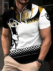 Men's Regular Fit 3D Golf Print Polo Shirt, Casual Short Sleeve Half Zip Up Collared Top for Summer, Fashion Men's Clothes for Daily Wear, Golf Apparel
