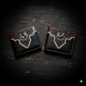 Mens Leather Wallet Horseshoe Rooster Bi Fold with Intricate Floral Tooling & Unique Rooster Concho Spacious Card Slots Ideal Gift for Rodeo Lovers Premium Leather Craftsmanship