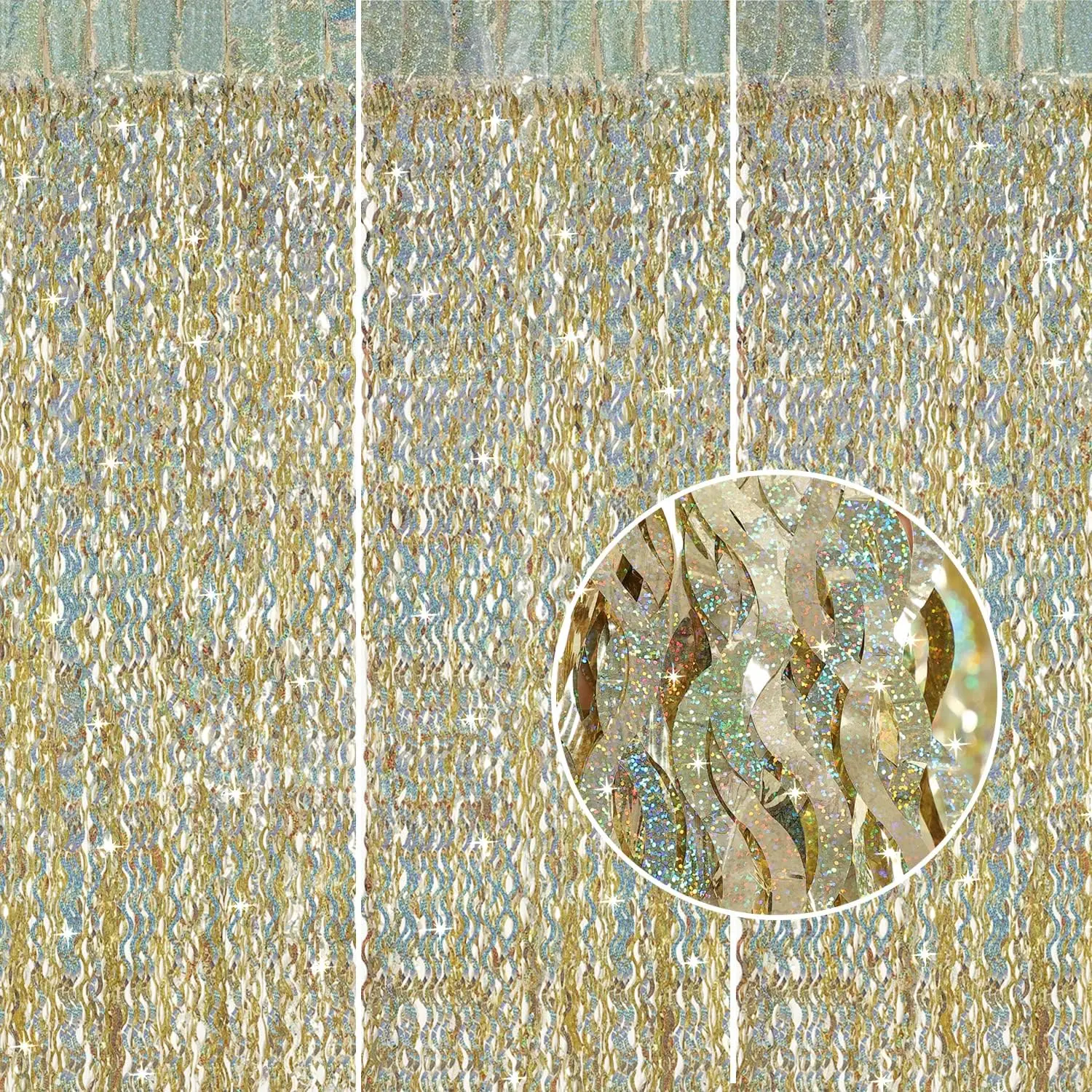 Champagne  Foil Fringe Backdrop 3 Pack 3.3 ft x 6.6 ft Sparkle Tinsel Foil Fringe Backdrop Curtains for Birthday Anniversary Retirement Party Decorations