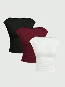 3 Piece Set Women's Summer Casual Y2K Cute Solid Color Short Sleeve Slim Fit T-Shirt Top, Basic Style, Side Pleated Waist Design, Sleeveless, Ruched Sleeveless Top