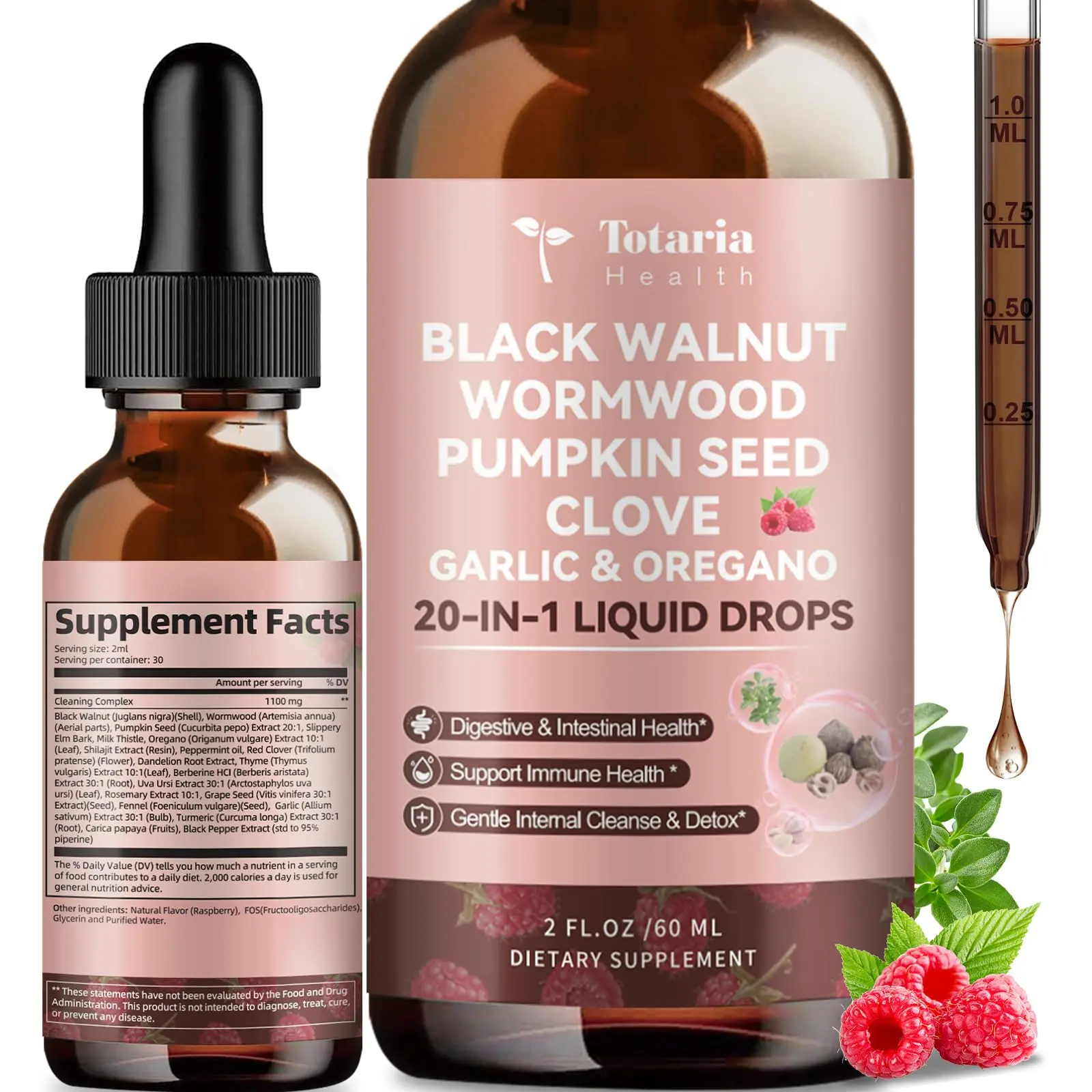 Totaria Nature 20 in 1 Black Walnut Wormwood Tincture - Clove Pumpkin Seed Garlic Oregano Berberine - Gentle Gut Cleanse & Digestive Health - Alcohol-Free Gut-Friendly Raspberry Flavor 2FL - Detox,travel essentials