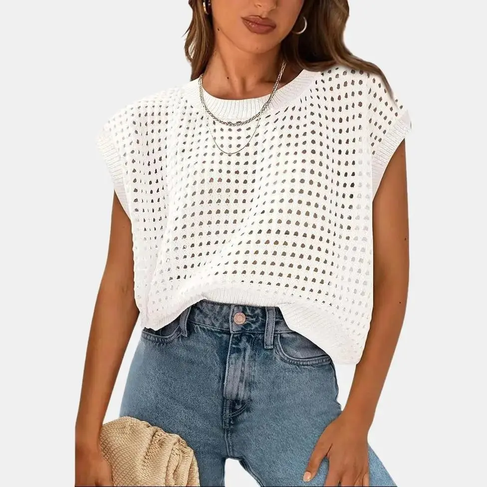 PrettyGarden Women's Spring Tops Summer Knit Shirts Crochet Cap Sleeve Sweater Pullover Cute Crew Neck Beach Cover Ups - Blouses, Womenswear