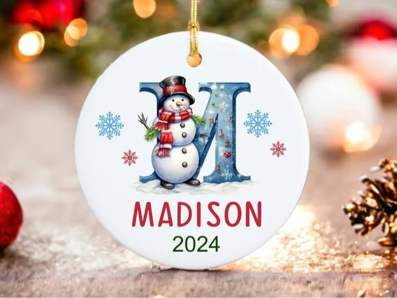 Personalized Letter Initial Christmas Ornament 2024, Custom Name 2024 Family Ornament, Christmas Gift Keepsake, Funny Snowman Gift For Kids, Friend, Halloween, Party Gifts