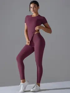 Women's Solid Tracksuit Set, Sporty Quick Drying Outfits for Yoga Gym Workout Running, Ladies Sportswear for All Seasons, Yoga Clothes Set