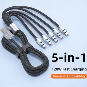 120W 5-in-1 Charging Cable Compatible with iPhone, Fast Charging USB-C Lightning Micro USB Cord, Up to 120W & 45W Support, 5ft Length, One Cable for Phones, Tablets, Power Banks, Daily Use, Travel & Car