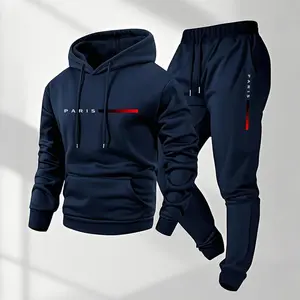 Paris Letter Printed Hoodie & Drawstring Sweatpants Set Men's Casual Athletic Long Sleeve Hooded Jacket & Trousers for Fall Winter Daily Wear Sportswear Indoor Outdoor Tracksuit Athleisure