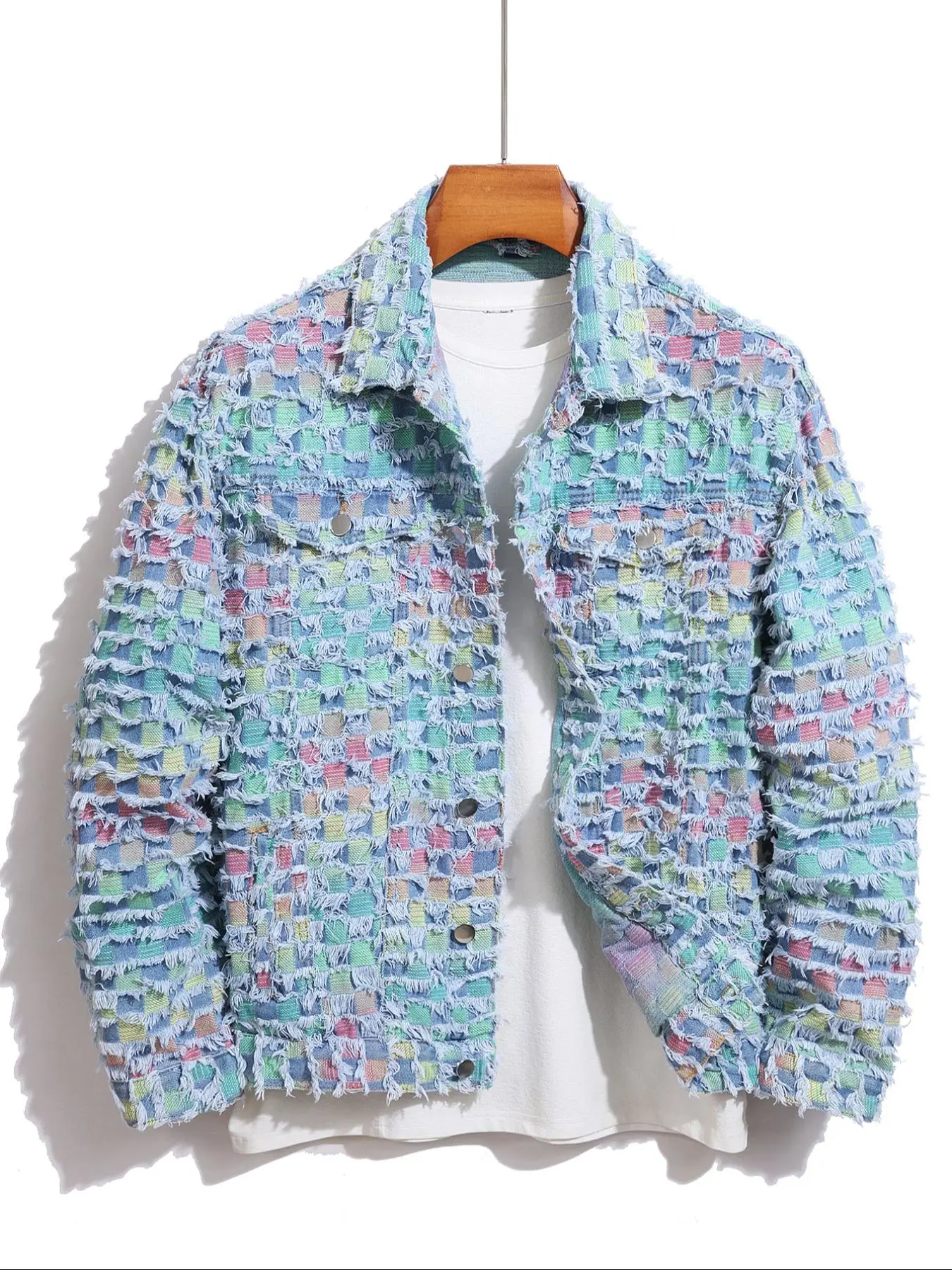 Men's Raw Trim Button Pocket Denim Jacket, Loose Street Style Long Sleeve Collared Plaid Checked Outerwear for Daily Wear, Workwear Jacket, Casual Fashion Jacket, Stylish Jacket