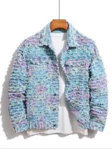 Men's Raw Trim Button Pocket Denim Jacket, Loose Street Long Sleeve Collared Outerwear for Daily Wear, Fashion Men's Clothes, Casual Fashion Jacket for All Seasons