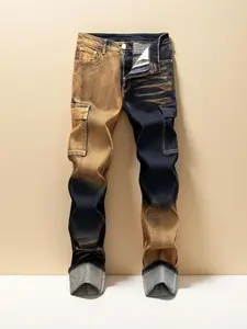 Men's straight-leg slim-fit stretch jeans with irregular patterns and floral patterns