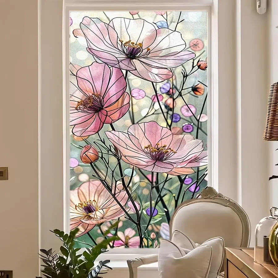 Vintage Floral Flower Pattern Static Cling Window Film, Removable Privacy Glass Decal, Decorative Window Sticker for Home Living Room Bedroom, Flower Design