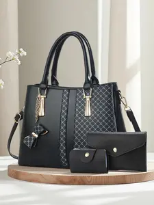 Elegant Colorblock Print Tote Handbag Set, Fashionable Large Capacity Shoulder Bag for Women, Casual Geometric Pattern Three-Piece Set