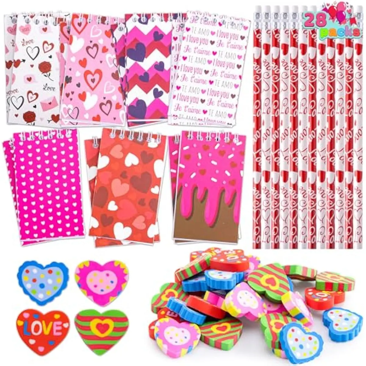28 Packs Valentine Gifts for Kids, Notepad, Pencil and Eraser for Kids and Adults School, Party Favor Stationery Sets, Gift Set Classroom Exchange Toy