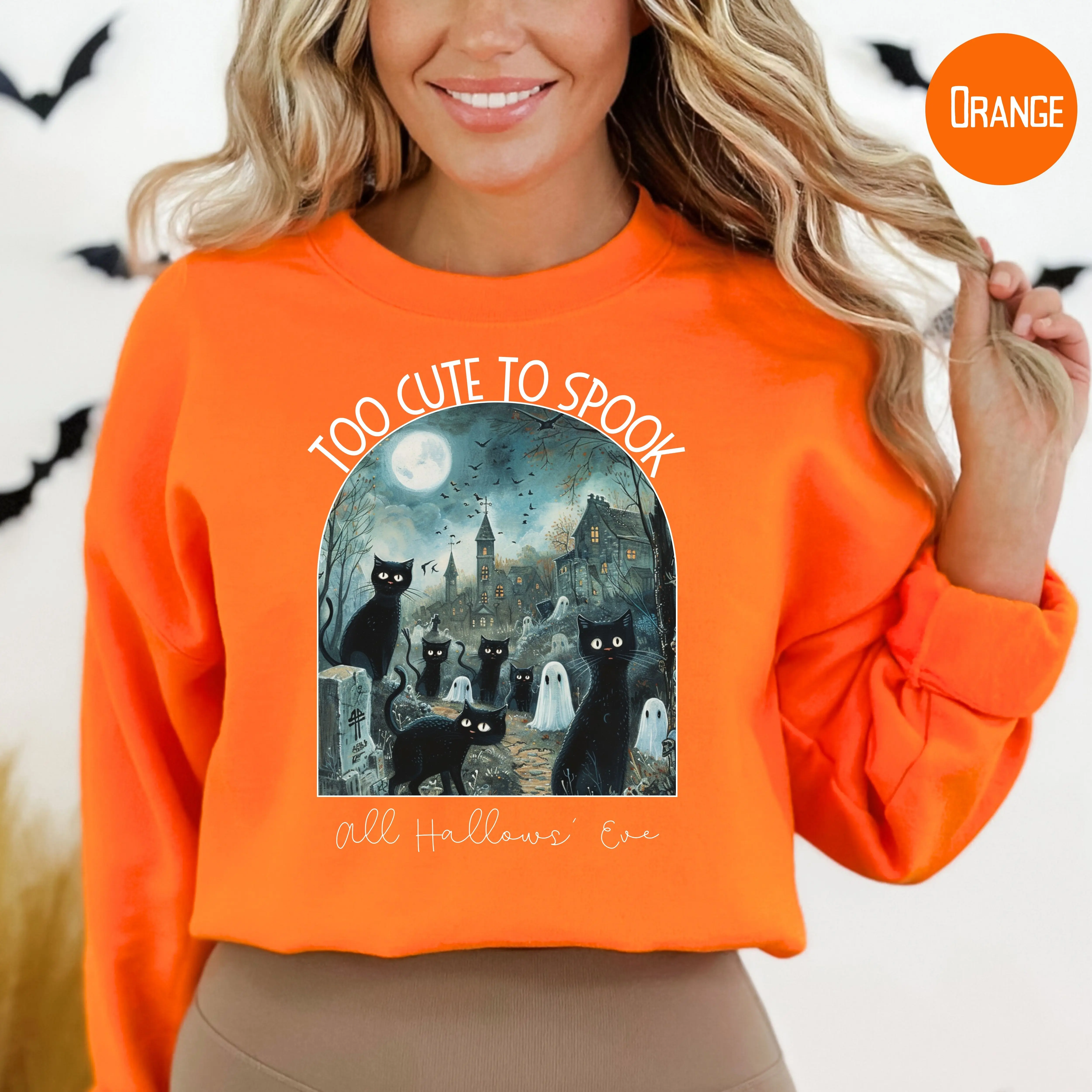 Gildan Too Cute To Spook Black Cat Halloween Sweatshirt Orange Long Sleeve Crew Neck Casual Medium Length Unisex Fleece Top for Halloween Party