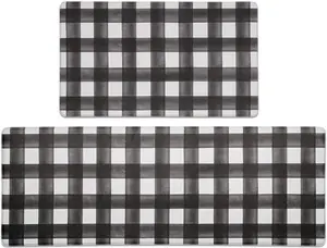 Modern Farmhouse Plaid 2 count Set Kitchen Mats for Floor Anti   & Non-Skid Kitchen Rugs Cushioned Kitchen Mat for Standing Washable Comfort Desk Kitchen Runners