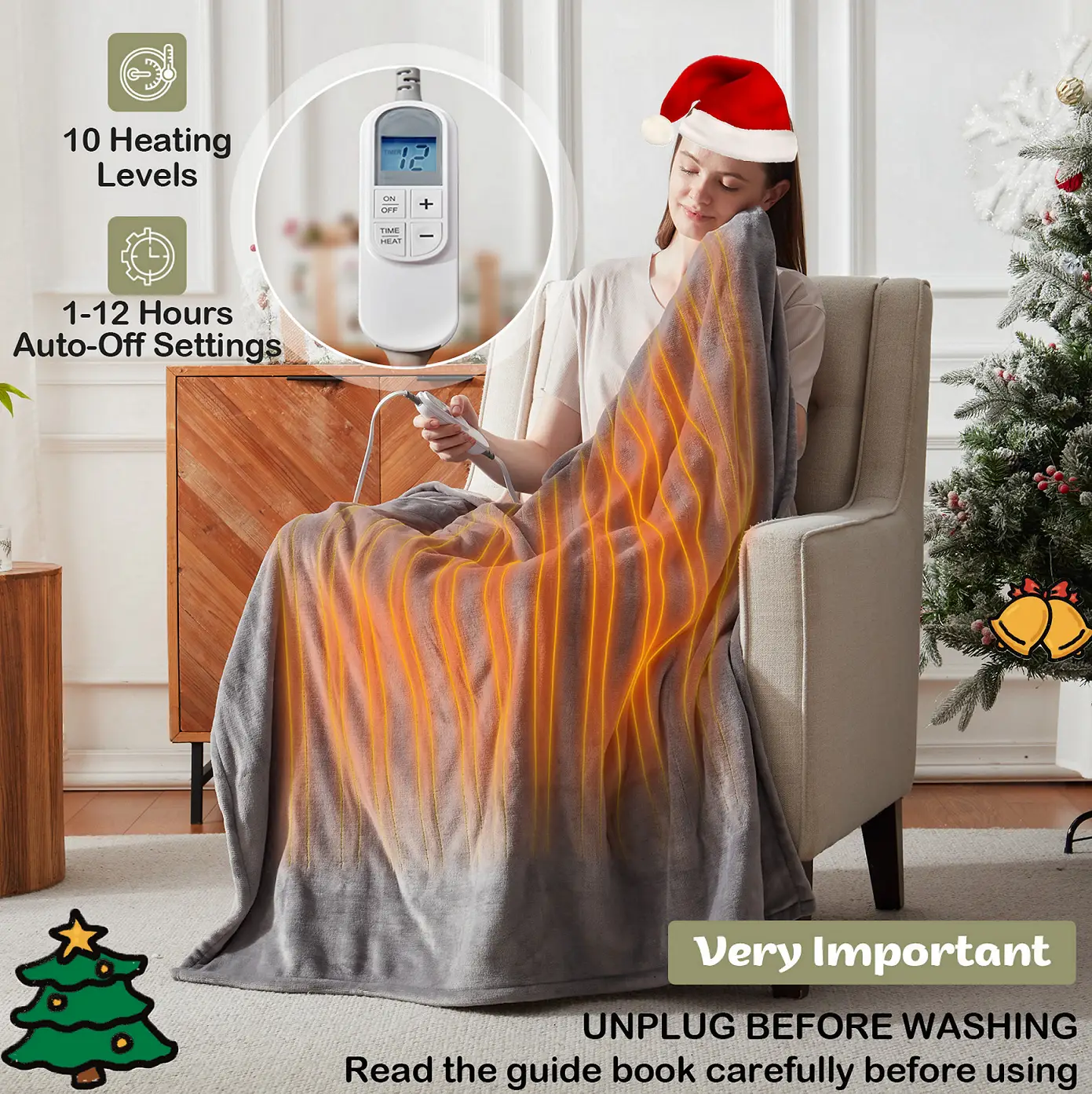 【February Restock】DOWNCOOL Heating Blanket Electric Throw, Soft Flannel Electric Blanket with 1-12 Hours Auto-off & 10 Heat Settings, Machine Washable