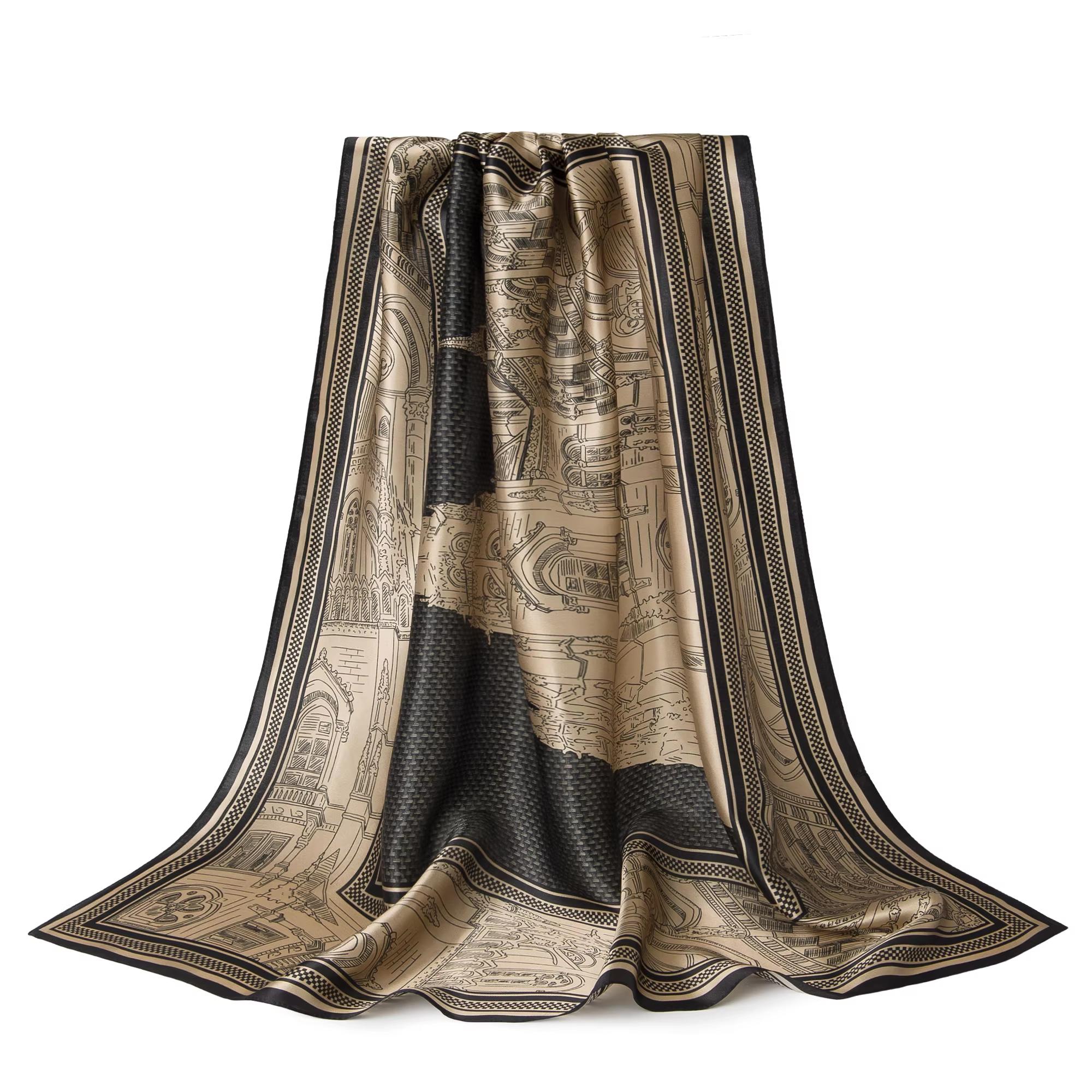 Retro Black & Gold Mulberry Silk Crepe Satin Headscarf with Geometric Print, Sun Protection, Multi-Purpose Women’s Scarf  long night scarf