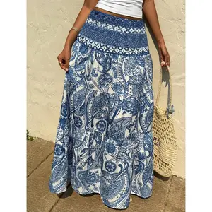 Summer Beach & Vacation Must-Have!Boho Vibes Only: Smocked Waist Paisley Maxi SkirtBoho Maxi Skirt: Blue Paisley Smocked Waist for All-Day Comfort summer beach skirt   blue white paisley print  - vacation outfit essential  -flowy bohemian skirt  -wome