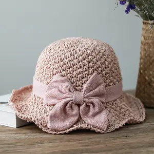 Woven Straw Sun Hat for Women Foldable Beach Straw Bucket Hat French Style Summer Travel Hat with Bow Wide Brim Sun Protection Straw Hat Packable Hat