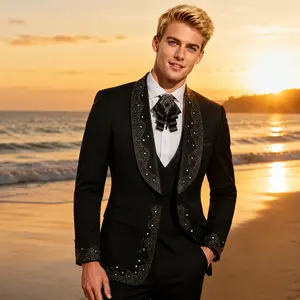 Men’s 3-Piece Rhinestone Tuxedo Suit – Slim Fit Shawl Collar Blazer, Vest and Pants for Dinner, Red Carpet, Wedding & Formal Events