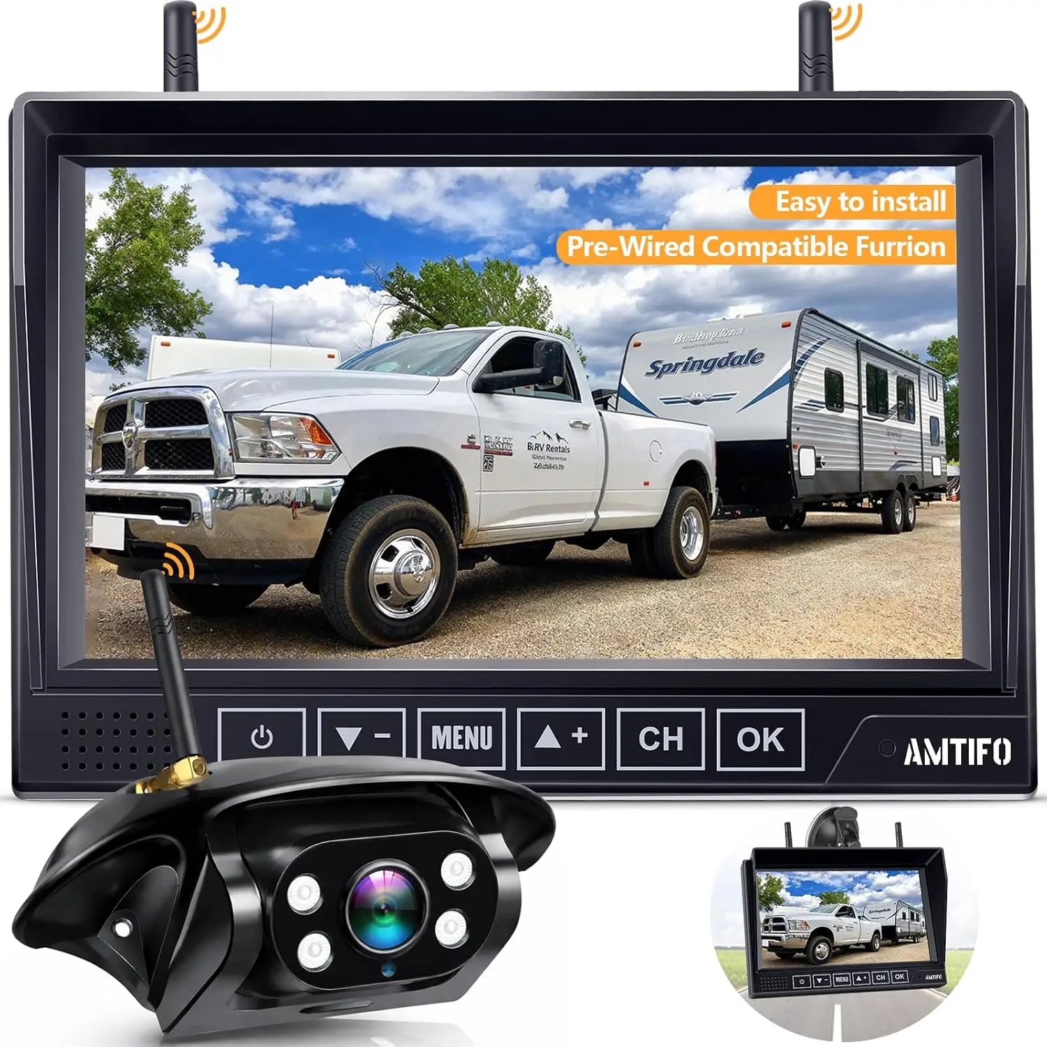AMTIFO A7 Wireless Camera + Monitor System, 7-in 4-Channel Touch Button Monitor with Split Screen & 4-Channel Feed, Plug-and-Play Recording for Furrion RV, Truck Trailer