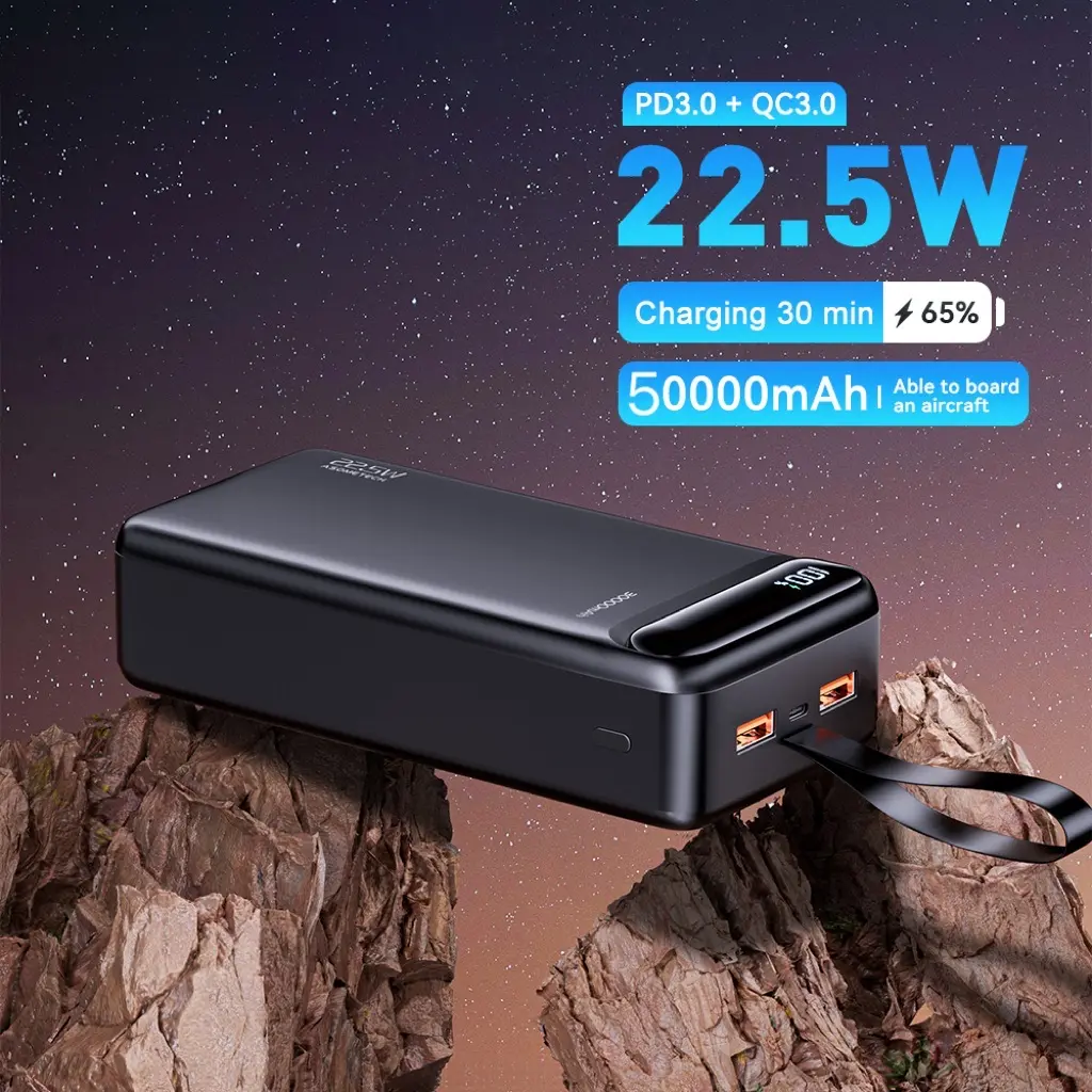 50000mAh Power Bank | Digital Display | Charge 3 Devices at Once | Dual USB Outputs + Type-C In/Out + Micro Input | Built-in Emergency Light | Leather Carry Strap | Practical & Travel-Friendly Design