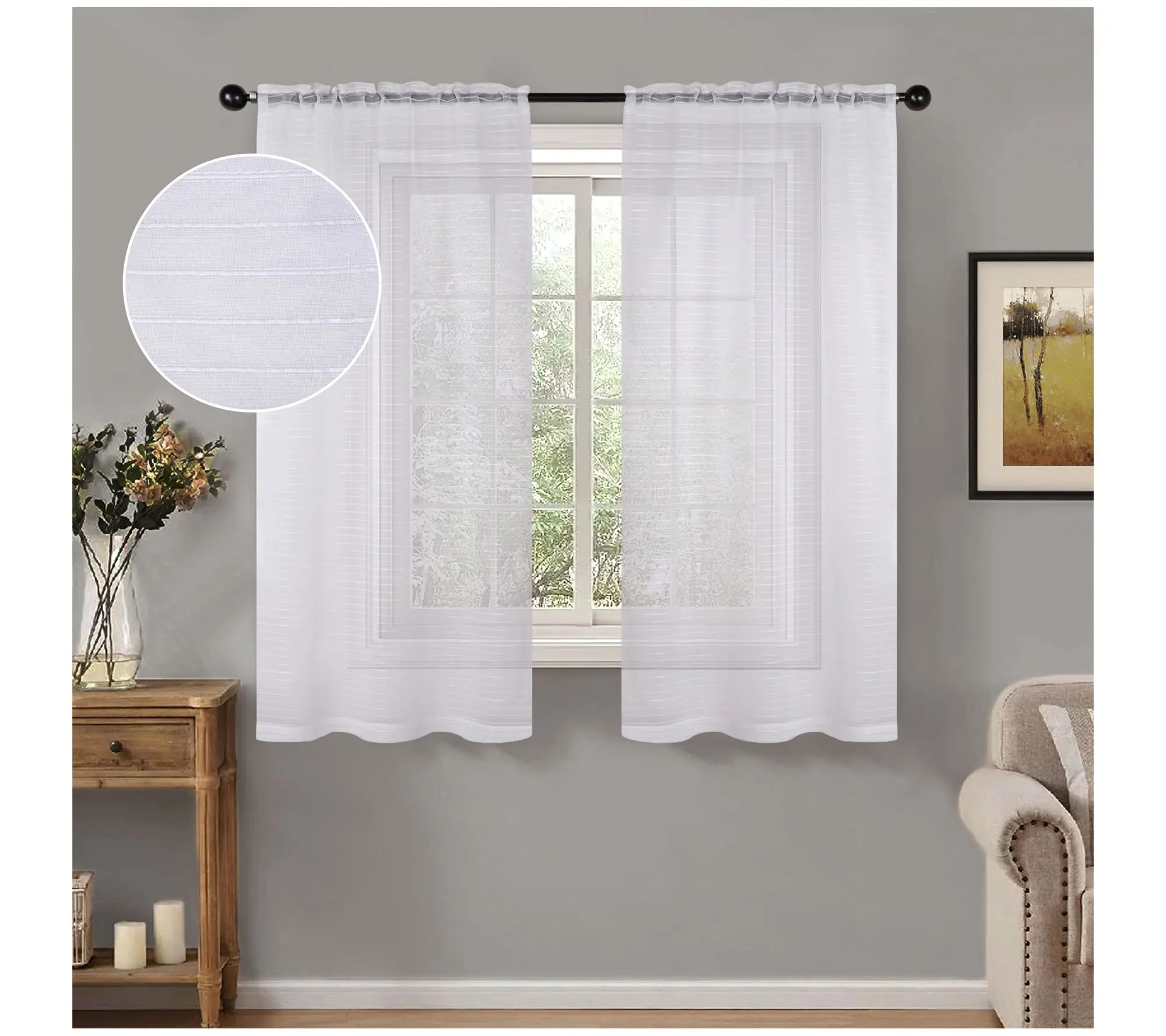 Superior Striped Sheer Window Curtain Panels, Set of 2, 26X84