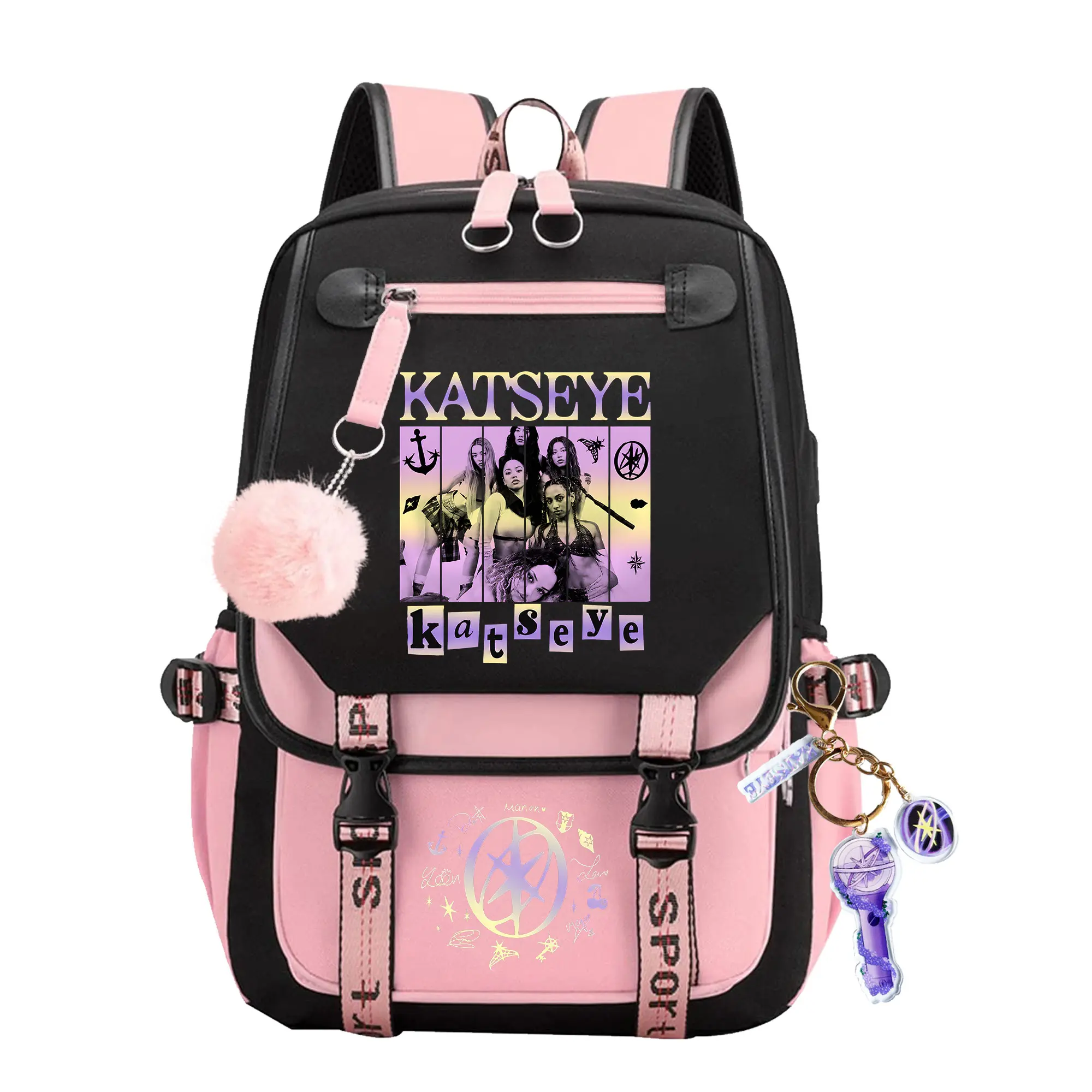 KATSEYE Kpop School Backpack for Girls, Cute Pink and Black Global Girl Group Daypack with Pom Pom Keychain, Large Capacity Aesthetic Laptop Bookbag for Teens Fans