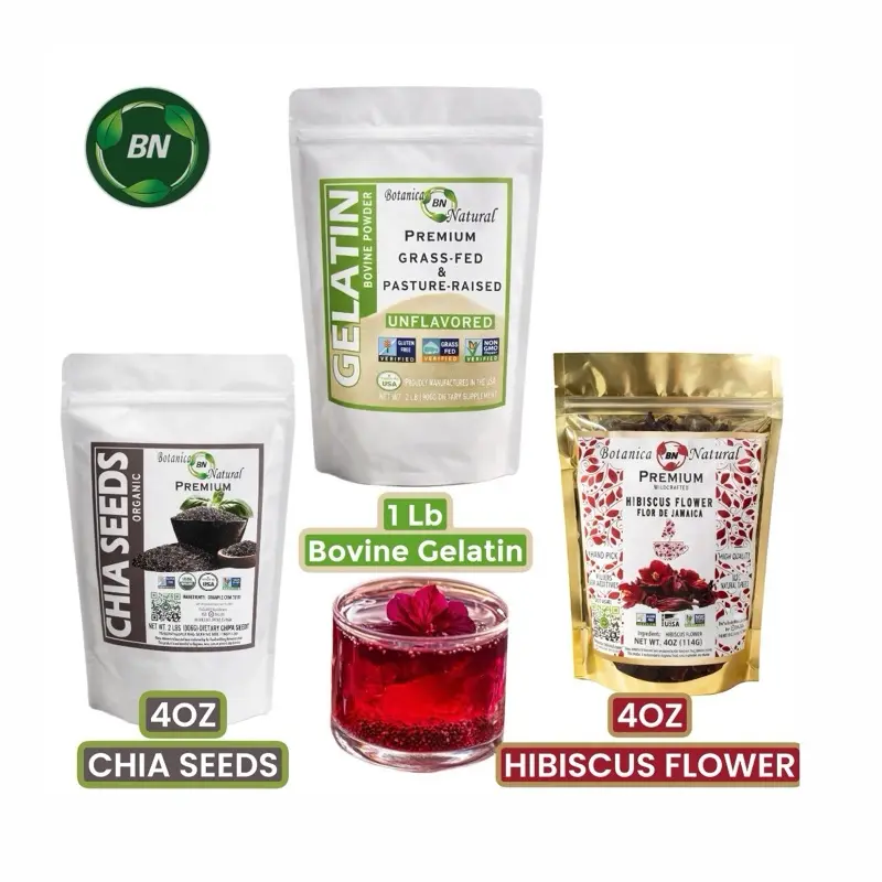 BN TRIO 1 LB GELATIN - 4 OZ CHIA SEEDS - 4OZ HIBISCUS FLOWER