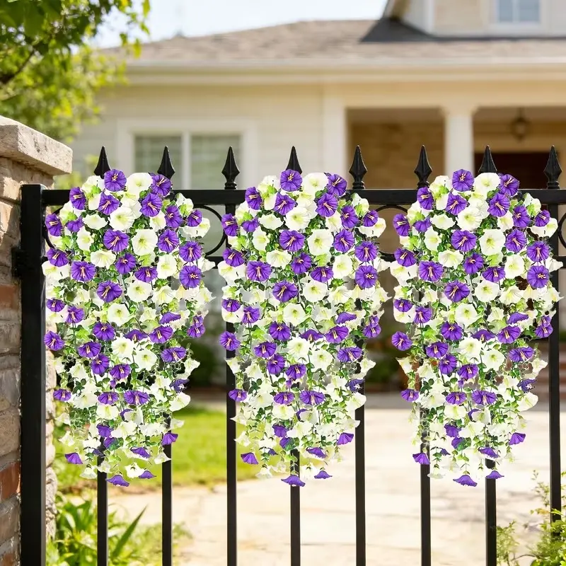 Artificial purple and white morning glory outdoor hanging vines, maintenance-free outdoor hanging fake flower vines, Decorative flowers, Artificial flower decoration, suitable for home, weddings, outdoor garden courtyards, porches and eaves
