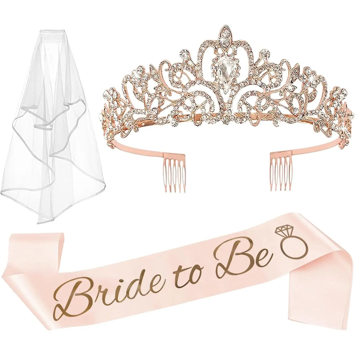 3 Pcs Bachelorette Party Decorations Bridal Shower Crown, Bride to Be Sash&Veil for Women Bachelorette Party Gifts, Bachelorette Party Supplies, Gifts, Favors (Rose Gold)
