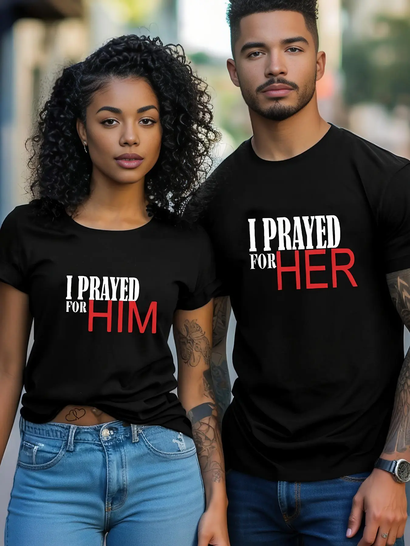 His & Hers Couple Matching T Shirts I Prayed for Him & I Prayed for Her Print Casual Black Tops with Red & White Text Round Neck Short Sleeve Perfect for Couples' Vacation Outingsfor Valentine's Day Holiday Gift