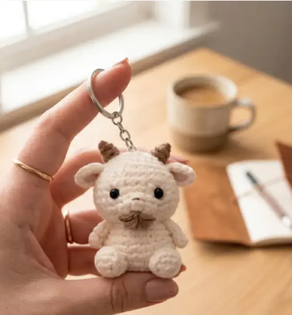 Goat Keychain Cute, Handmade Crochet Goat Keychain, Amigurumi Goat Plush Keyring, Kawaii Farm Animal Keychain Gift, Mini Goat