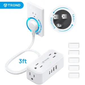 TROND 360° Rotating Plug Socket Extender Stick 18" to 36" - Electrical Multi-Plug Expandable Socket Splitter Surge Protector, 4 AC 4 USB, Fits on Hard-to-reach Low-position Outlets in Bedroom Home Office, White
