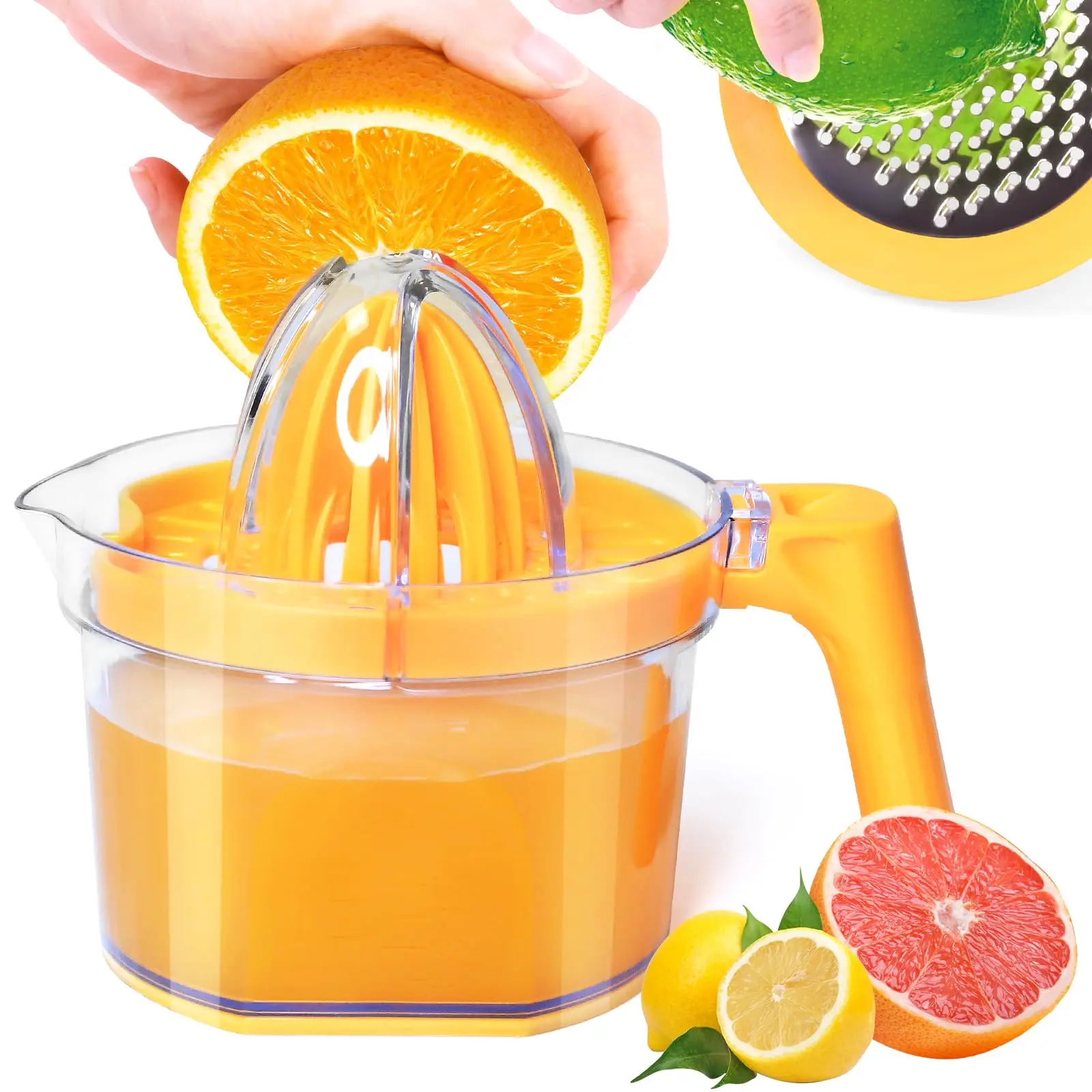 Kitchen Utensils Manual Lemon Squeezer Citrus Juicer - 4-in-1 Food-Grade Handheld Dual Reamers with 16.9oz (500ml) Measuring Cup, Grater & Egg Separator for Oranges Limes, Travel-Friendly, Built-In Measuring Cup