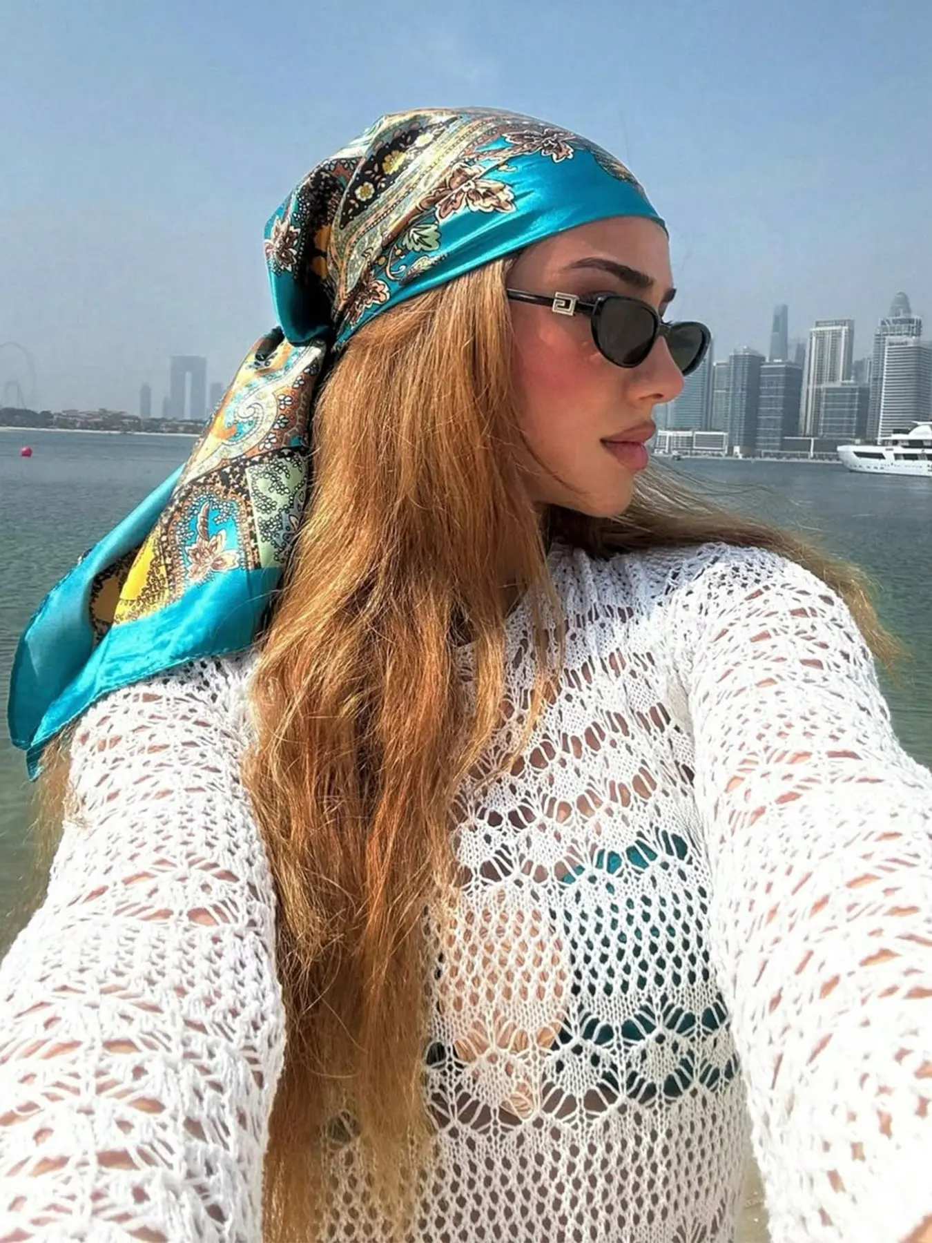 Women's Light Blue Paisley Print Scarf, Summer Scarf, 90cm Boho Fitted Headscarf, Travel Sun Protection Wrap, Party Gift for Dresses