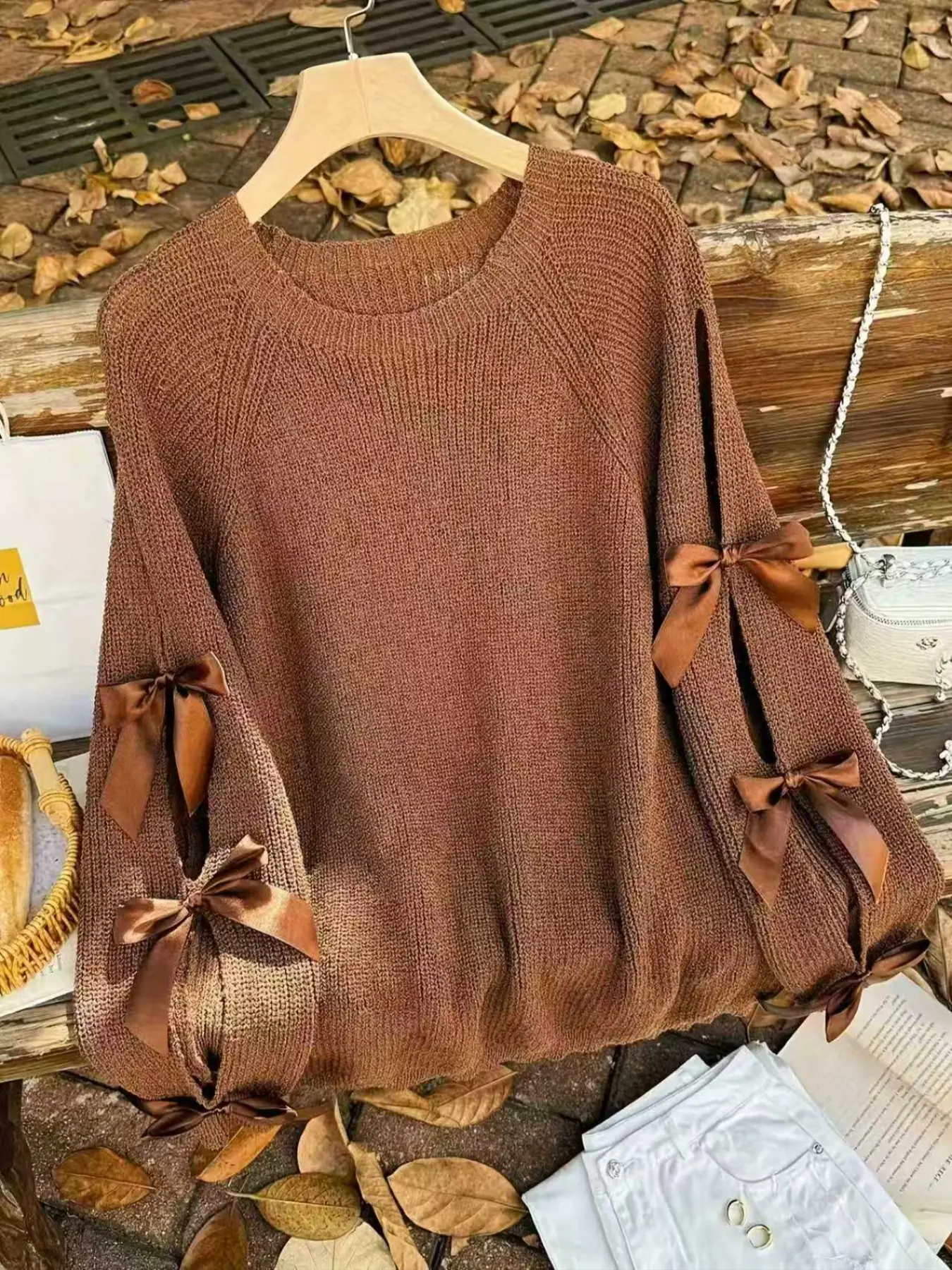 Women's Knitted Pullover Sweater, Knitwear, Solid Color Long Sleeve Top, Bow Design, Perfect for Fall & Winter Fashion, Casual Wear