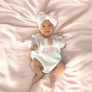 Personalized Sweatshirt Bubble Romper Outfit for Baby with bow headband